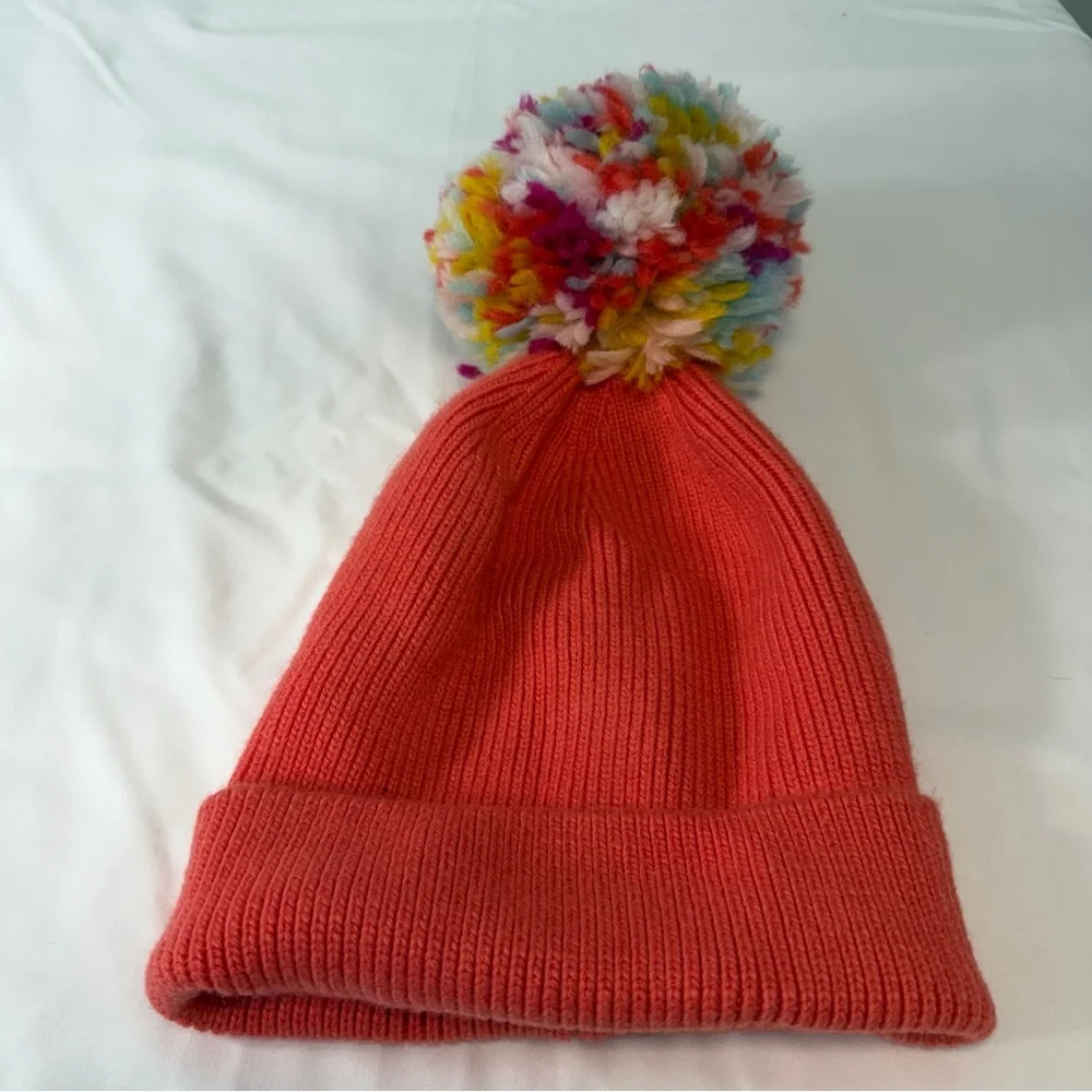 Anthropologie Vibrant Wool‎ Blend Coral Beanie with Multicolor Pom-Pom